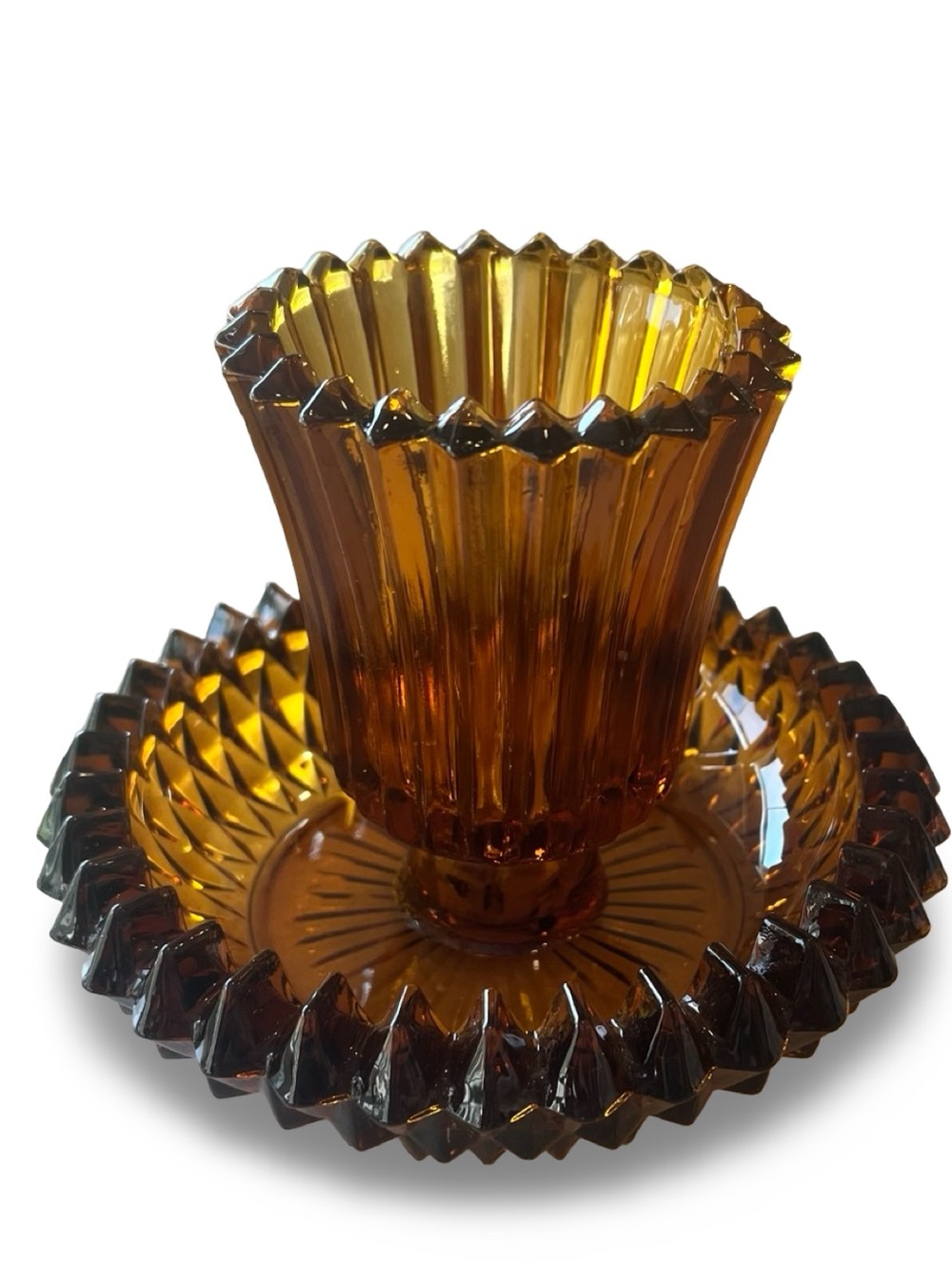 Vintage Indiana Glass Amber 2-Piece Candle Holder